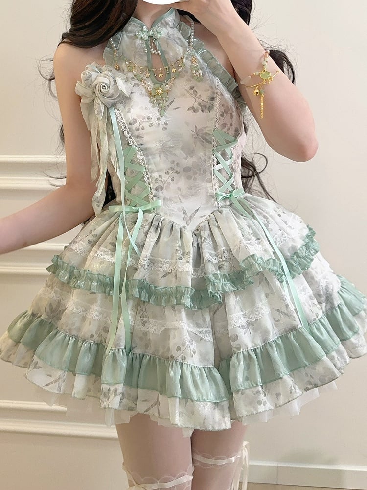 Lolita with Gentle Floral Green Halter Neck Dress Details Pattern Button Qipao-Style Lace