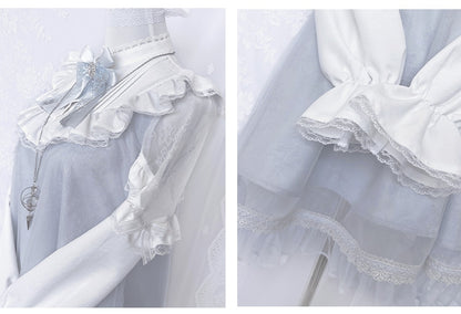 ジライケイ ライトブルー レースパッチショルダー ランドマインスタイル レーストリム ロングスリーブドレス