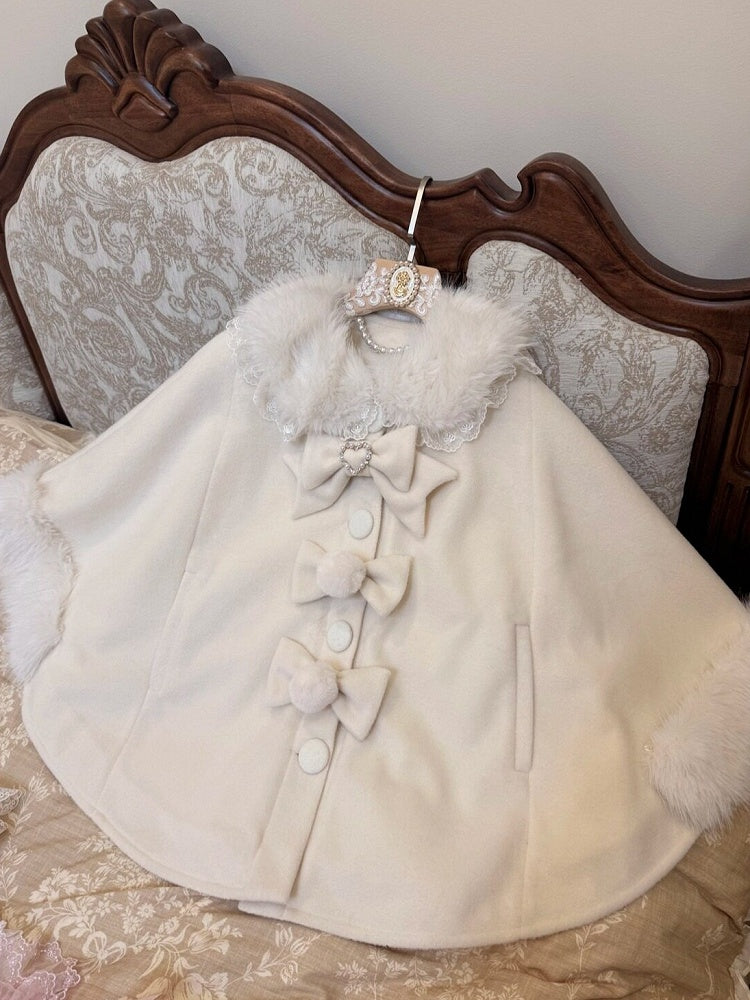 Velvet Lolita Cape in Sweet Beige with Detachable Fur Collar and Bow - Star Fantasy