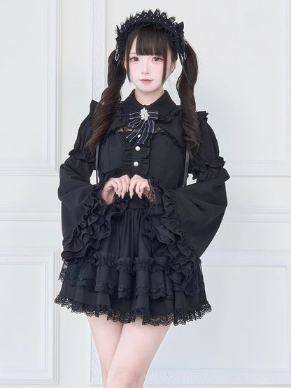 Gothic Black Dress with Bell Sleeves and Tiered Lace - No Genki