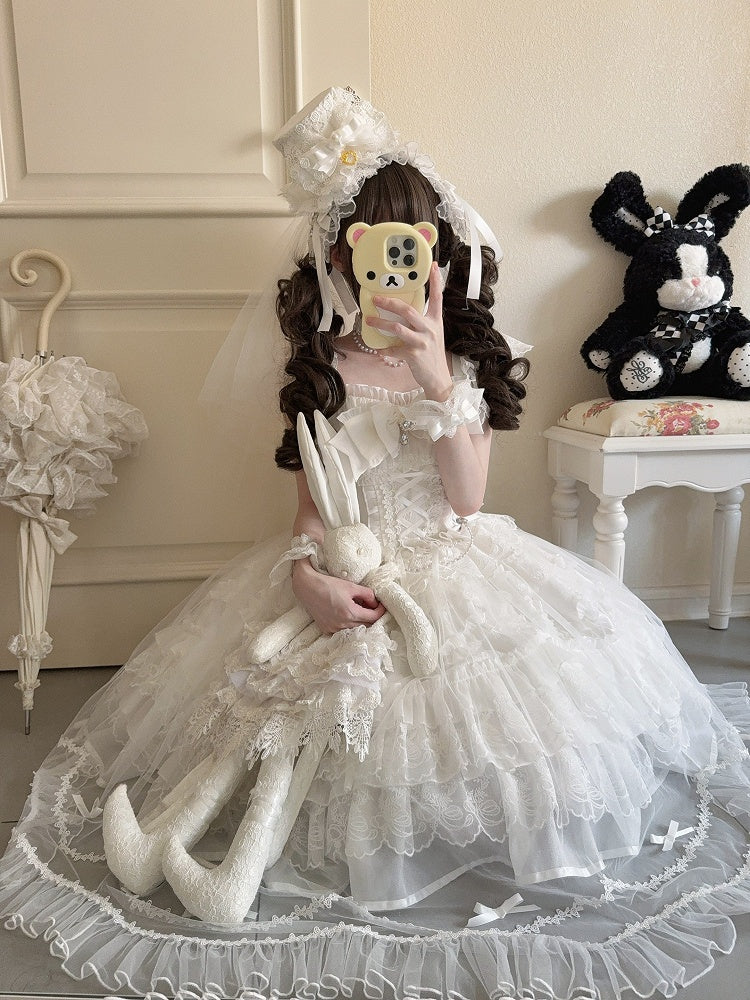 Multi-Layer JSK + Lace Dress Bows Details White / Pure Hanayome-Style Full Overlay Rhinestone Lolita with Set