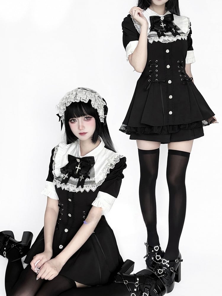 mit Stil Kurzes Jirai - Ärmel und Lätzchen Kei Weißes Kleid Krawattenset Schwarze Nonnenschleife