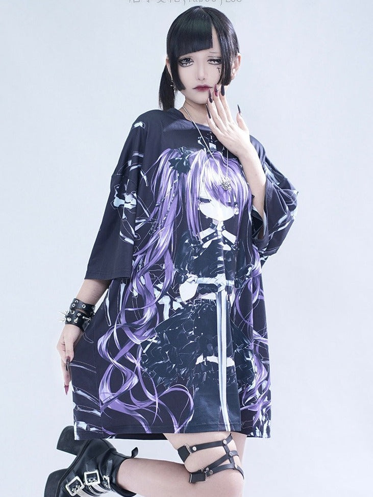 Oversized Anime Girl Print Tee - Tribuo Flos