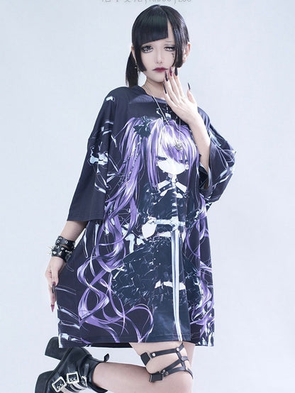 Oversized Anime Girl Print Tee - Tribuo Flos