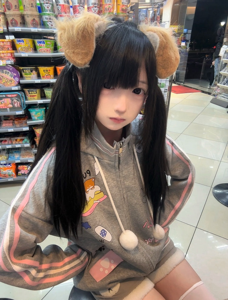 Gray Hoodie Zip-Up Pompom with Drawstring
