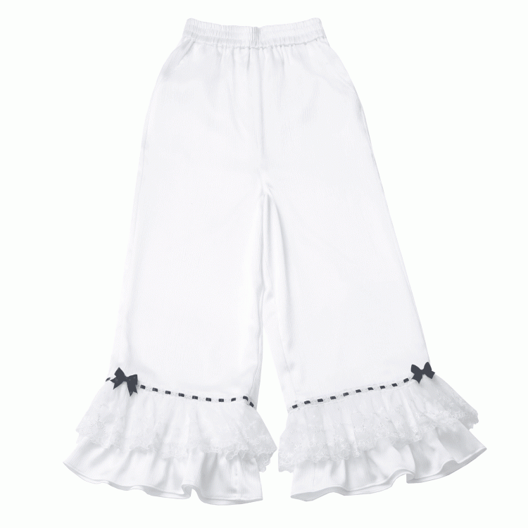 ホワイトの伸縮性ウエスト、蝶結び、ティアードフリル袖口、カジュアルパンツの詳細