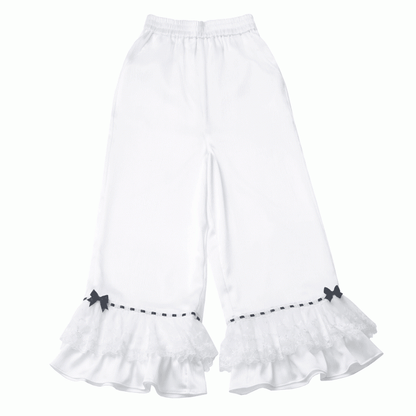 ホワイトの伸縮性ウエスト、蝶結び、ティアードフリル袖口、カジュアルパンツの詳細