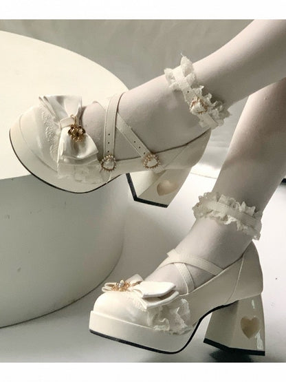 4 Colors 2cm Platform Pendant Detail Lolita Mary Jane Shoes with Bow and Lace Trim - Unmissable Berry