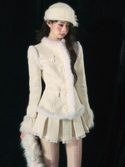 Aprikosenfarbener Jacquard-Rock aus Wolle mit Kellerfalten und Spitzenbesatz