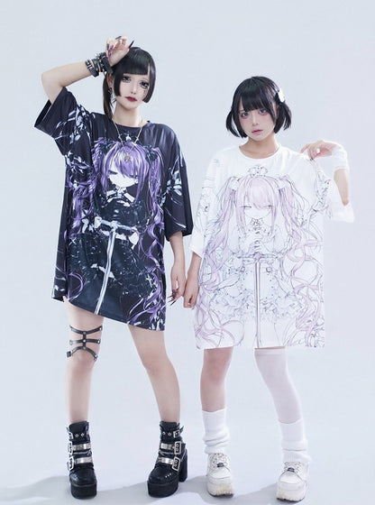 Oversized White Anime Girl Print T-Shirt - Tribuo Flos