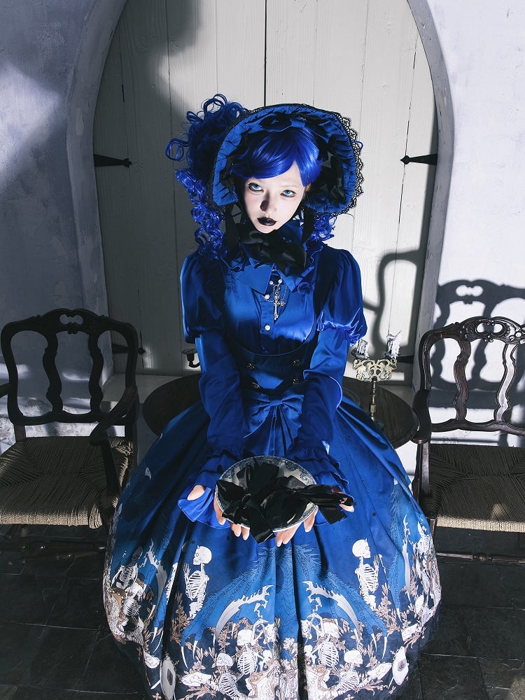 Blue Skeleton Cross Print Under Bust Gothic Lolita Dress with Black Lace Trim - NnSTAR