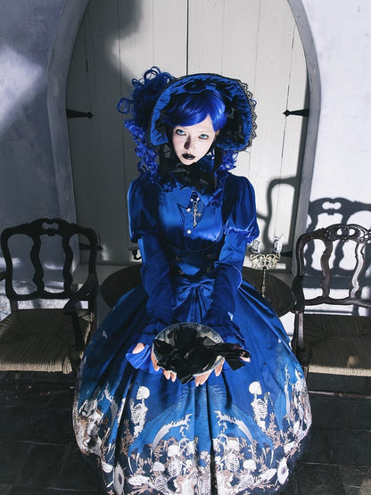 Blue Skeleton Cross Print Under Bust Gothic Lolita Dress with Black Lace Trim - NnSTAR
