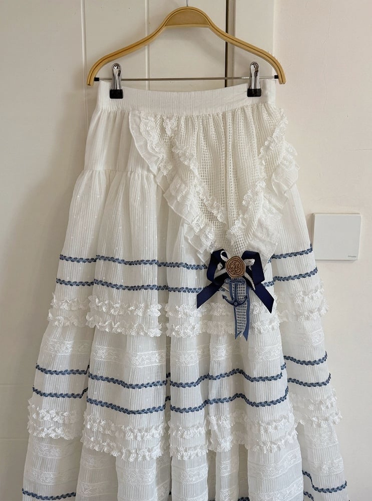 White Layered Sailor Lolita Skirt with Bow - Twin Bear Original Design