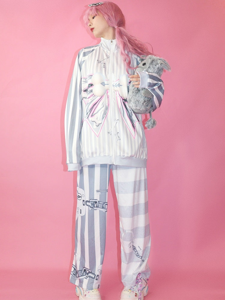 Pattern Striped Fashion Gyaru Gray Jacket Bow Bone Big Print