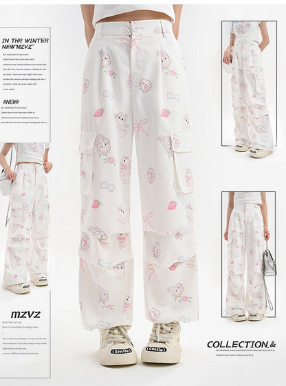 Cuffs – Entzückende weiße Hose mit weitem Bein und Cargotaschen mit Kitty-Print und Kordelzug