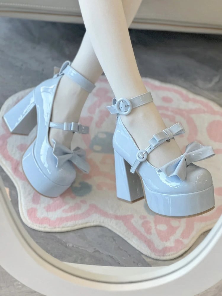 Accents Ring Elegant Buckle High-heels Bow and Polished Lolita Blue Platform with