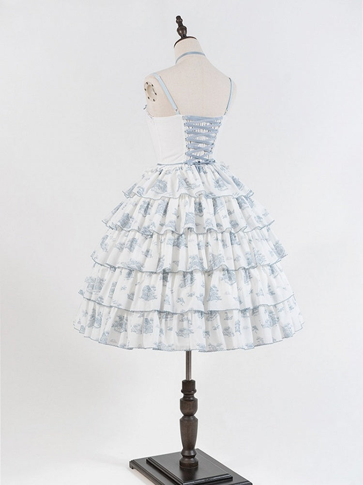 Blue & White Floral Print Lolita JSK with Bow Embellishments - CEL