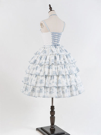 Blue & White Floral Print Lolita JSK with Bow Embellishments - CEL