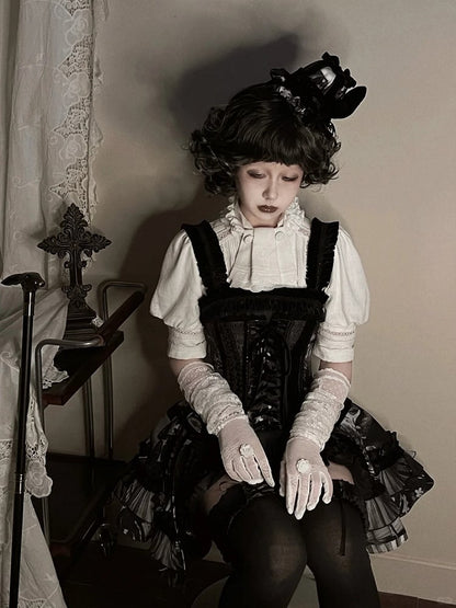 Ruffles and Black Lolita with Boned Short Pearl Shell Gothic Print Dress Corset