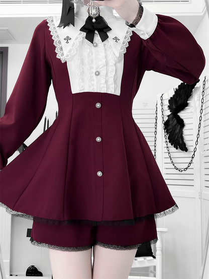 Deep Red Embroidered Set: Pointed with Kei Wine Collar Full Cross Jirai Dress