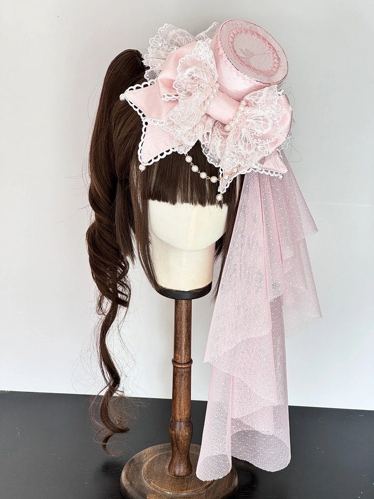 Pink (Lace Pearl Veil Lolita Pastel Mini with Hat Head Accents)