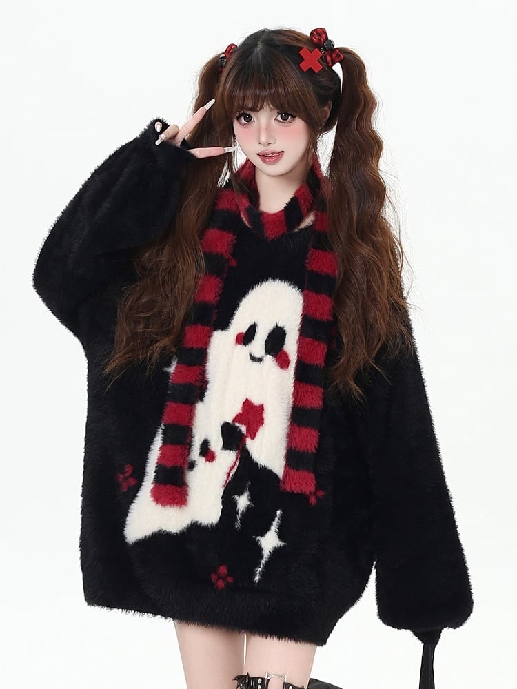 Ghost Sweater Pattern Scarf Striped with Pink/Black/Red Kawaii