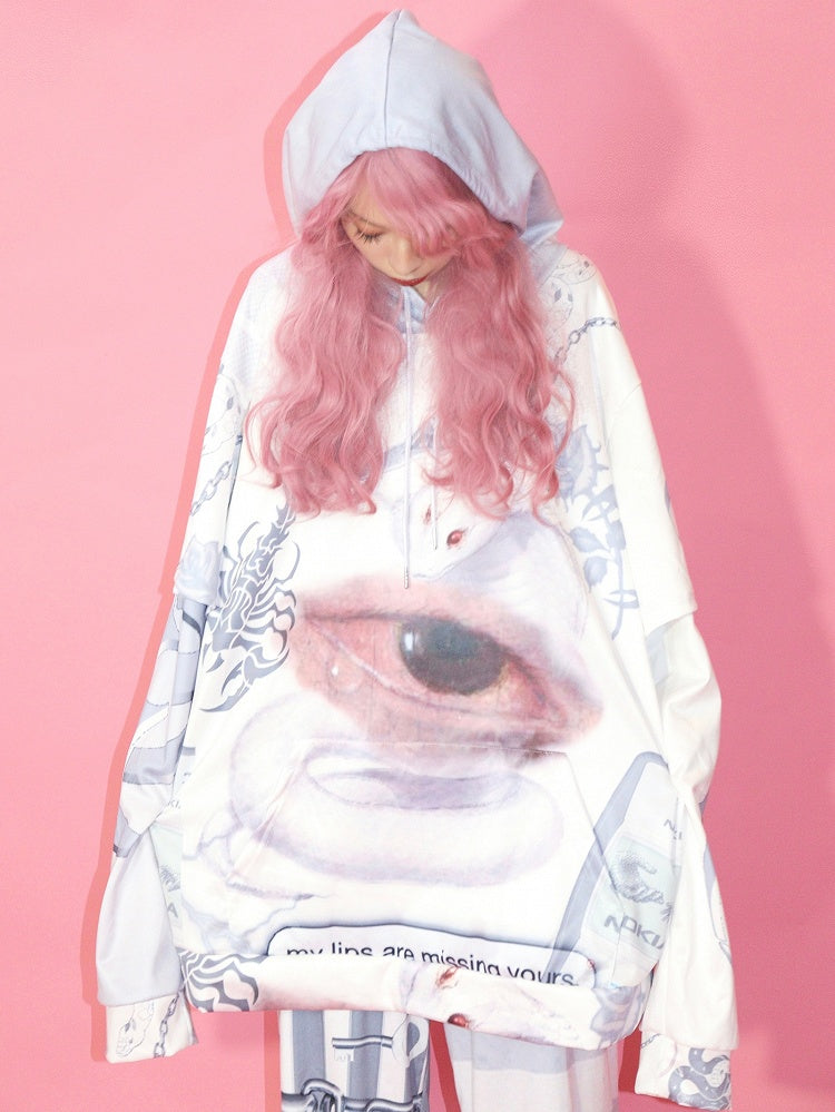 Guro White Print Kawaii And Eye Snake Hoodie
