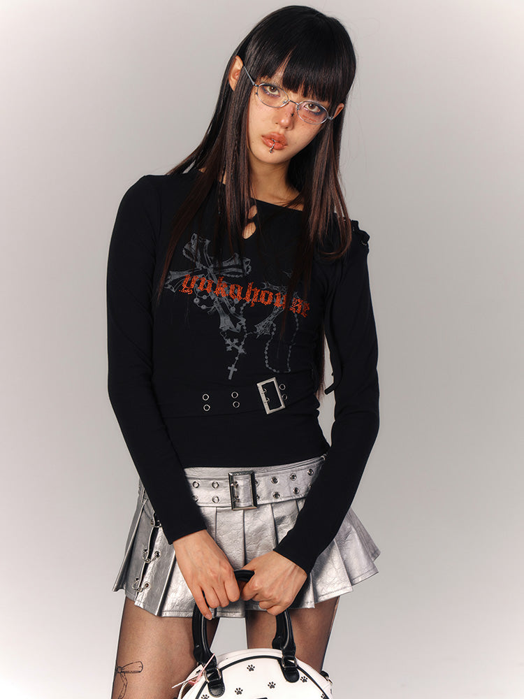 Punk Black Shoulder Print Edgy Sleeve Cross with Long Belt Buckle Cross-Lace Top Gray