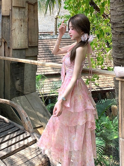 Pink Oil Painting Print Ruffle Trim Summer Holiday Dress - Qchiwawameme