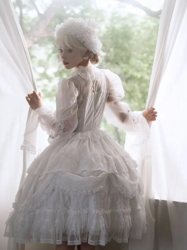 White Basque Waist Shiro Dress Drawstring Skirt Hanayome Lolita Long Sleeves One Piece