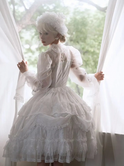 White Basque Waist Shiro Dress Drawstring Skirt Hanayome Lolita Long Sleeves One Piece
