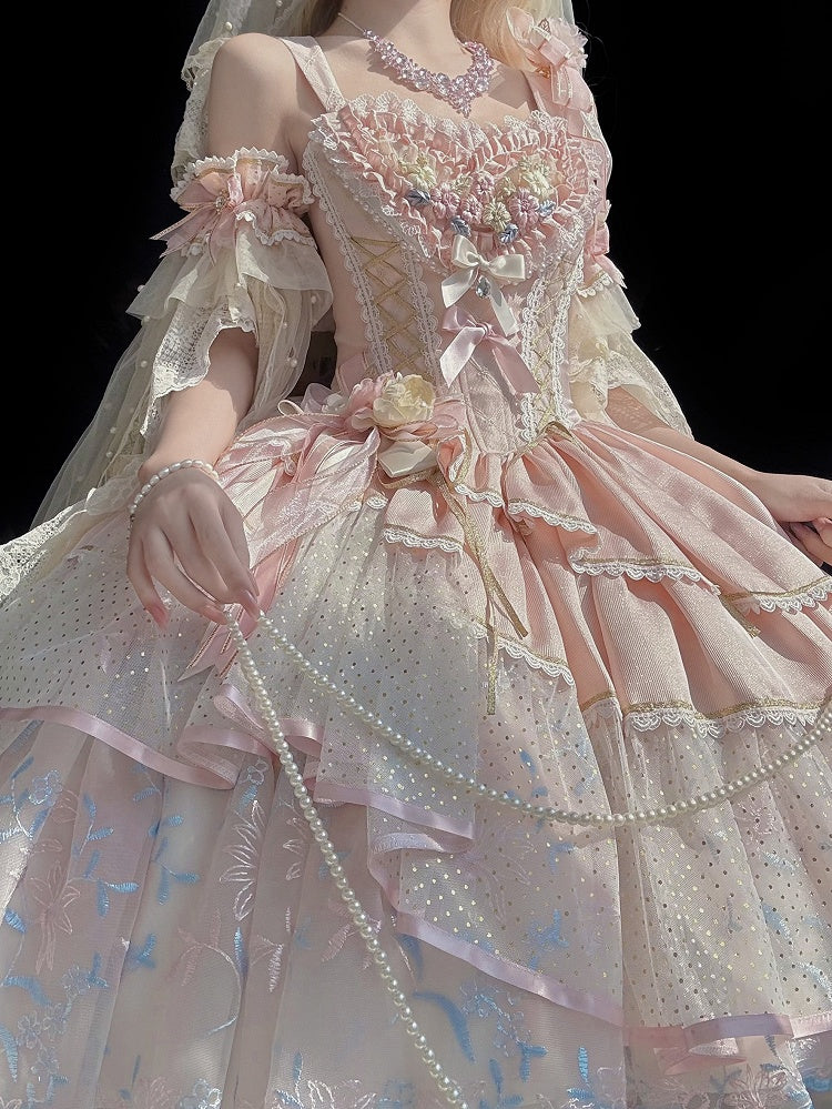 Hem Short Pink Lolita with Embroidery Version High-low Dress Corset Hanayome Floral Waist Layered