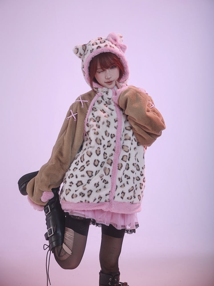Braune und rosafarbene Plüschjacke mit Kapuze und Kätzchenohren im Leopardenmuster