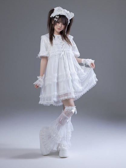 Peter Pan Collar Short Sleeve T-Shirt Dress with Print & Bows - Fluffy Heart