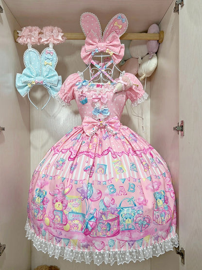 ロリータバニースイートショートプリントパフスリーブテディピンクとドール