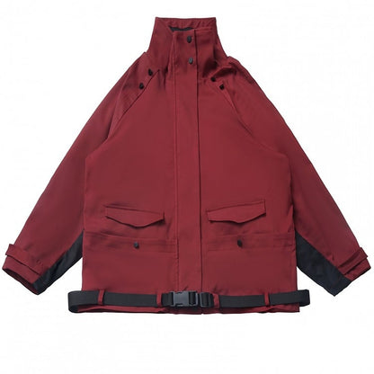 Red and Black Colorblock Sleeves Buckle Strap Unisex Jacket