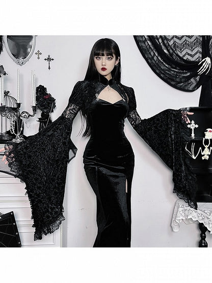 Accent Slit Metal with Thigh-high Black Snake Gothic Halloween Cheongsam Qipao