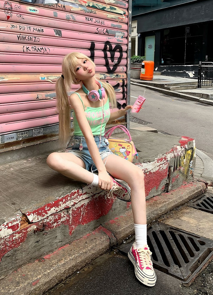 キャミトップ グリーンレタープリント グラマラス