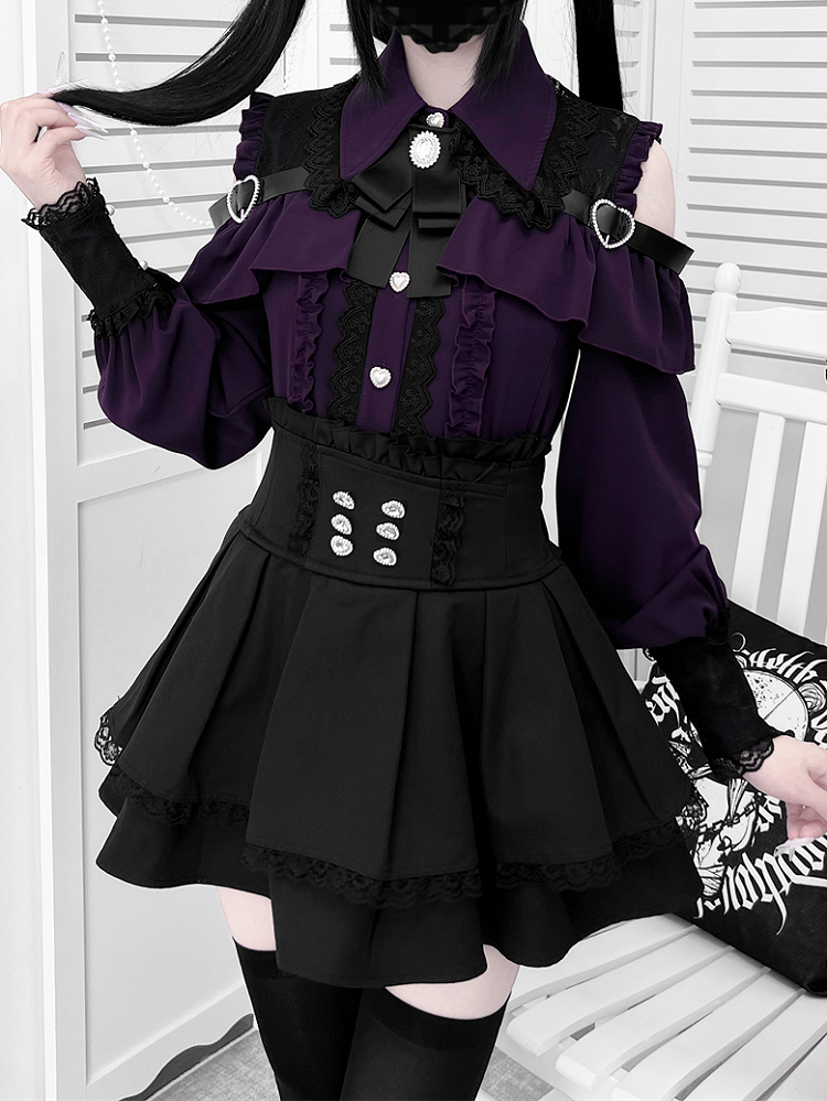 Shoulder Landmine with Blouse Buttons Cutout Blackish-Purple: Style in Heart Sweetheart Buckle