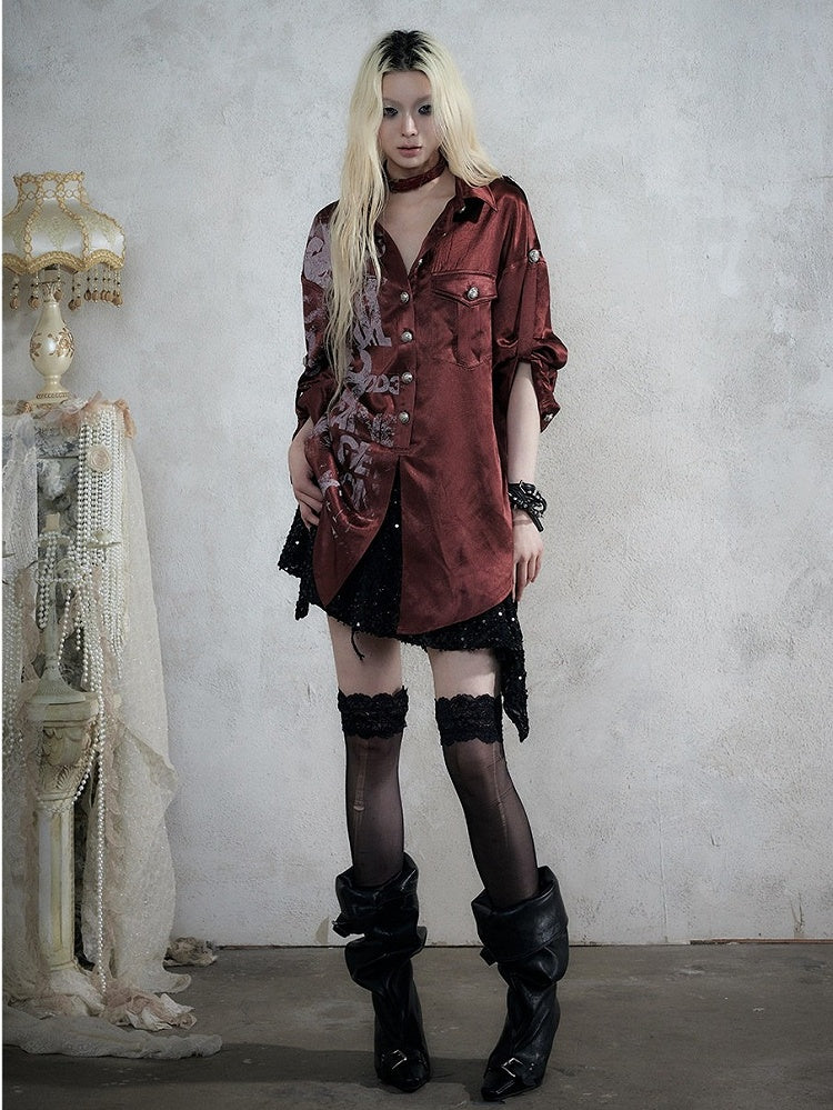 Loose-Fit Long Sleeve Tee with Wine Red Distressed Graffiti Punk Motif - NO ROMANCE