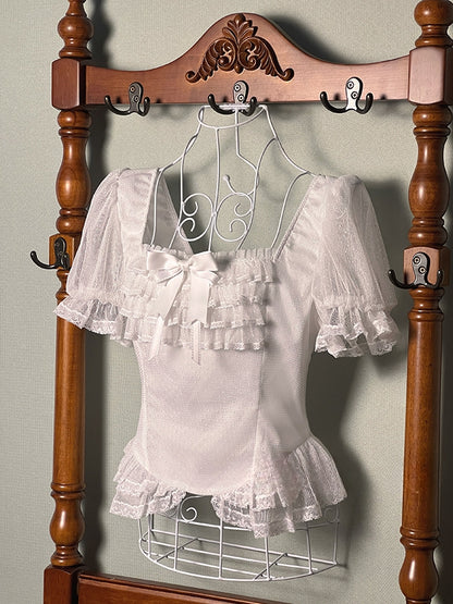 ホワイトスクエアネック半袖ブラウス