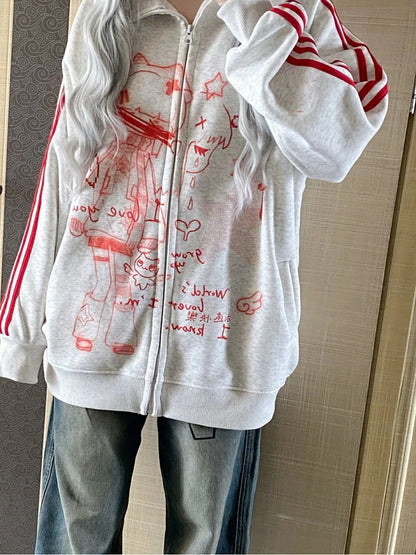 Cartoon Jacket with Striped Graphics Red Regular/Thicken White