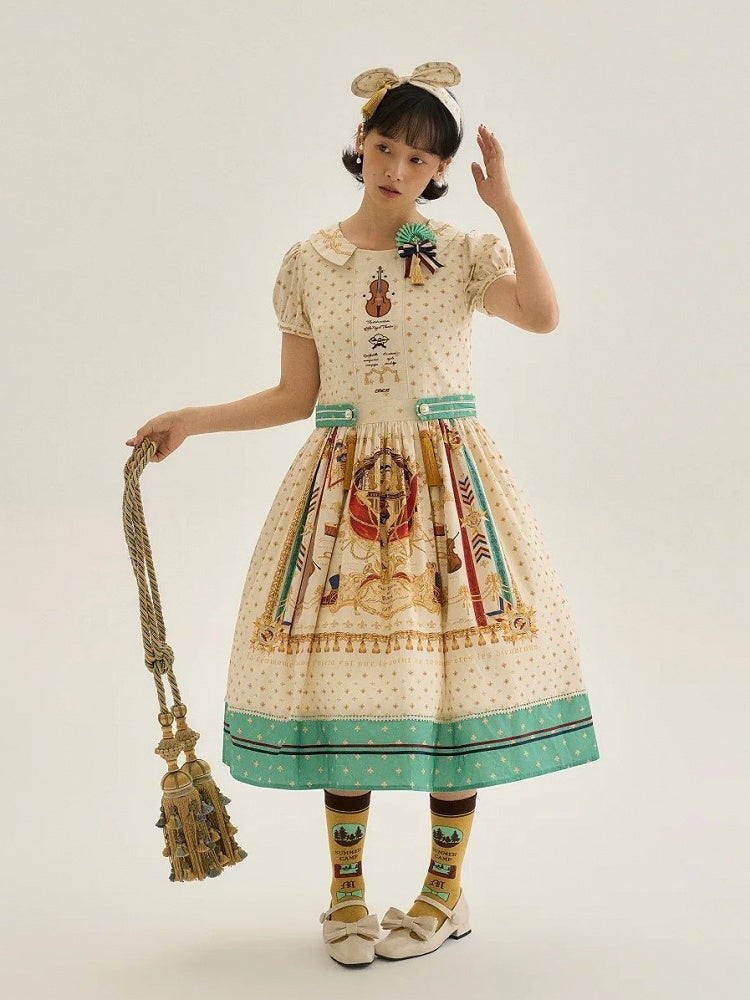 Long White Musical Print Peter Pan Collar OP Dress with Tassels - Crucis Universal Tailor Company