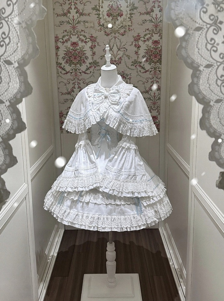Blue-White Kawaii Cotton JSK Gown with Ribbon and Ruffle Embellishments