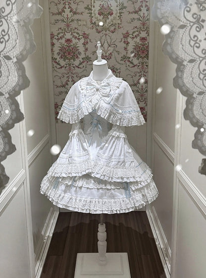 Blue-White Kawaii Cotton JSK Gown with Ribbon and Ruffle Embellishments