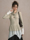 with Apricot Ruffled Design Hem Top Patchwork Knit