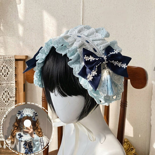 Blue with Ruffled and Tassel Accents Hairband Lolita White Bow