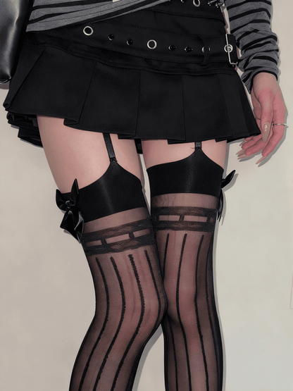 Suspender Pattern Striped Black Tights Bowknot
