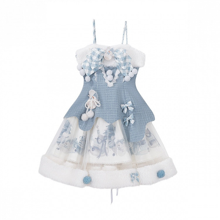 Print Winter Sweet Top Blue Lolita White Cape Snowman Set Knitted + - Tweed JSK