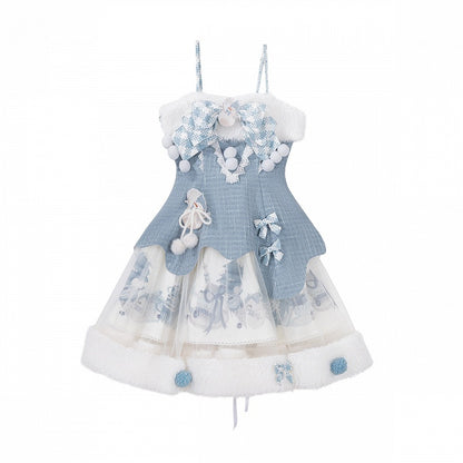 Print Winter Sweet Top Blue Lolita White Cape Snowman Set Knitted + - Tweed JSK